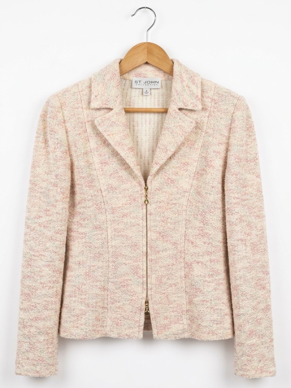 St. John Collection Pink & Cream Tweed Zip Jacket